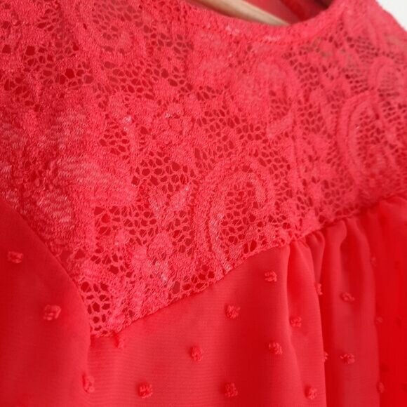 NUNA LIE Swiss Dot & Lace Semi-Sheer Lightweight Blouse Top Coal Red Sz S - Picture 7 of 12
